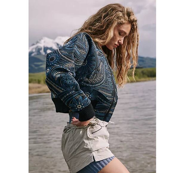 New Free People Garden Party Bomber Jacket FP MOVEMENT $298 SMALL Blue - Picture 3 of 8